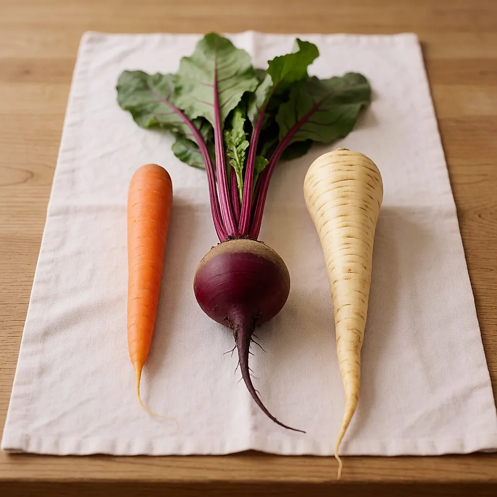 Tres verduras de raíz juntas: zanahoria, remolacha y chirivía sobre una mesa