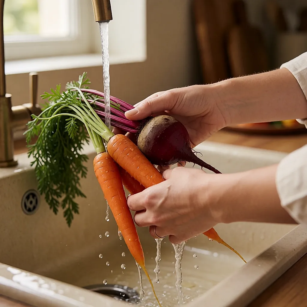 Dos manos cepillan zanahorias y una remolacha bajo el grifo