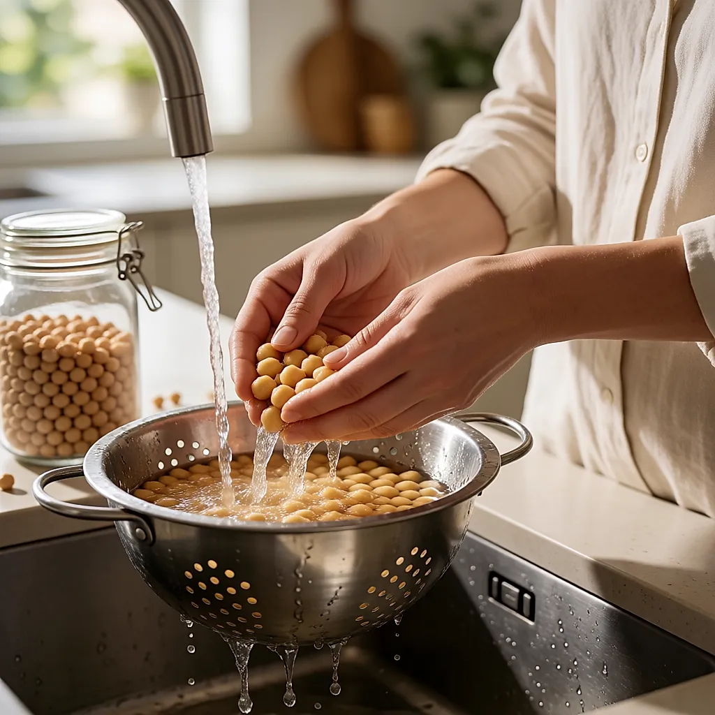 Chickpeas from a tin rinsed under cold water in a colander