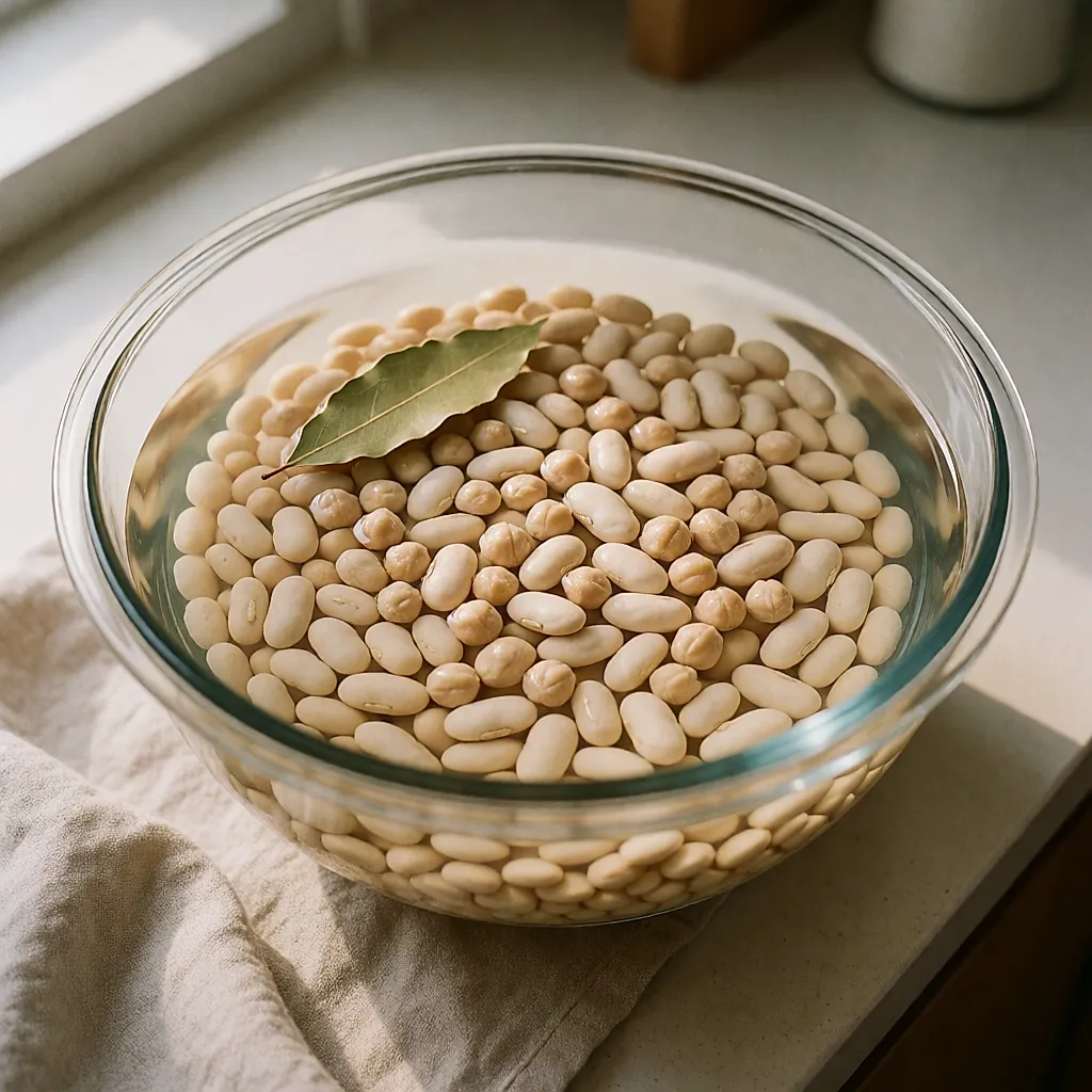 Dried beans and chickpeas soaking in a large volume of water