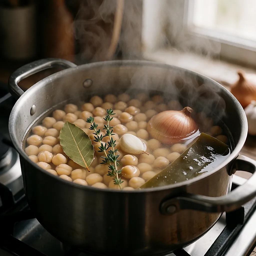 A pan of chickpeas simmering with bay, thyme, garlic and kombu