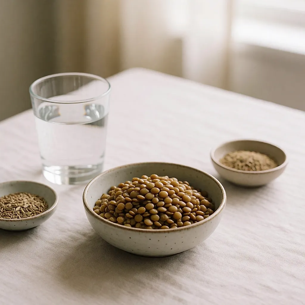 A small portion of cooked lentils with a glass of water