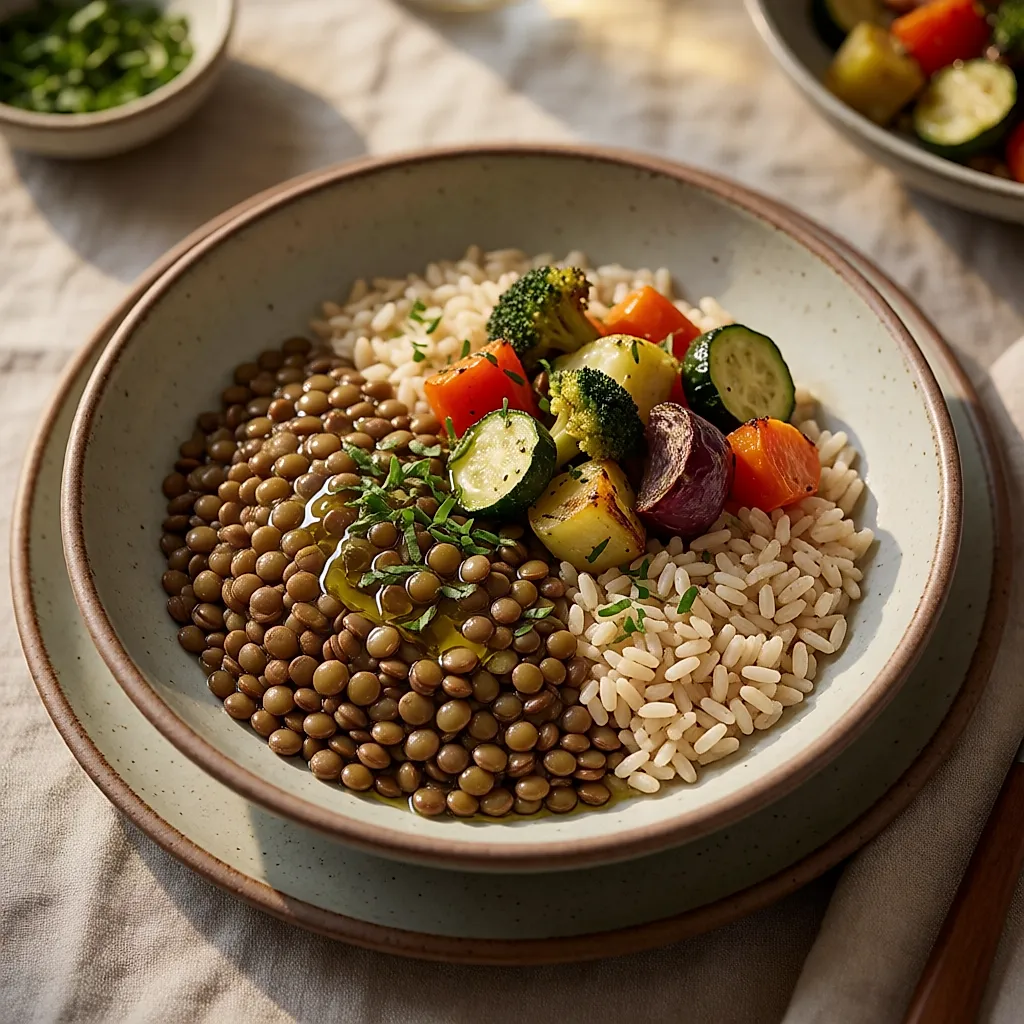A bowl of lentils, brown rice and roasted vegetables