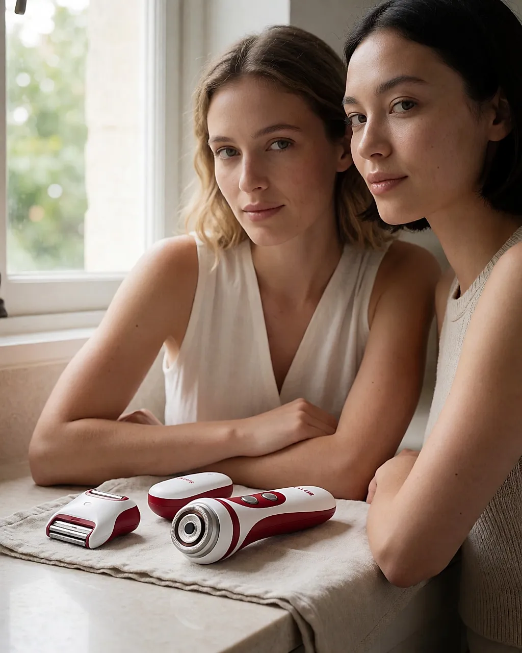 Calor Fresh Extrem Platinium epilator with bikini and shaver heads on beige linen