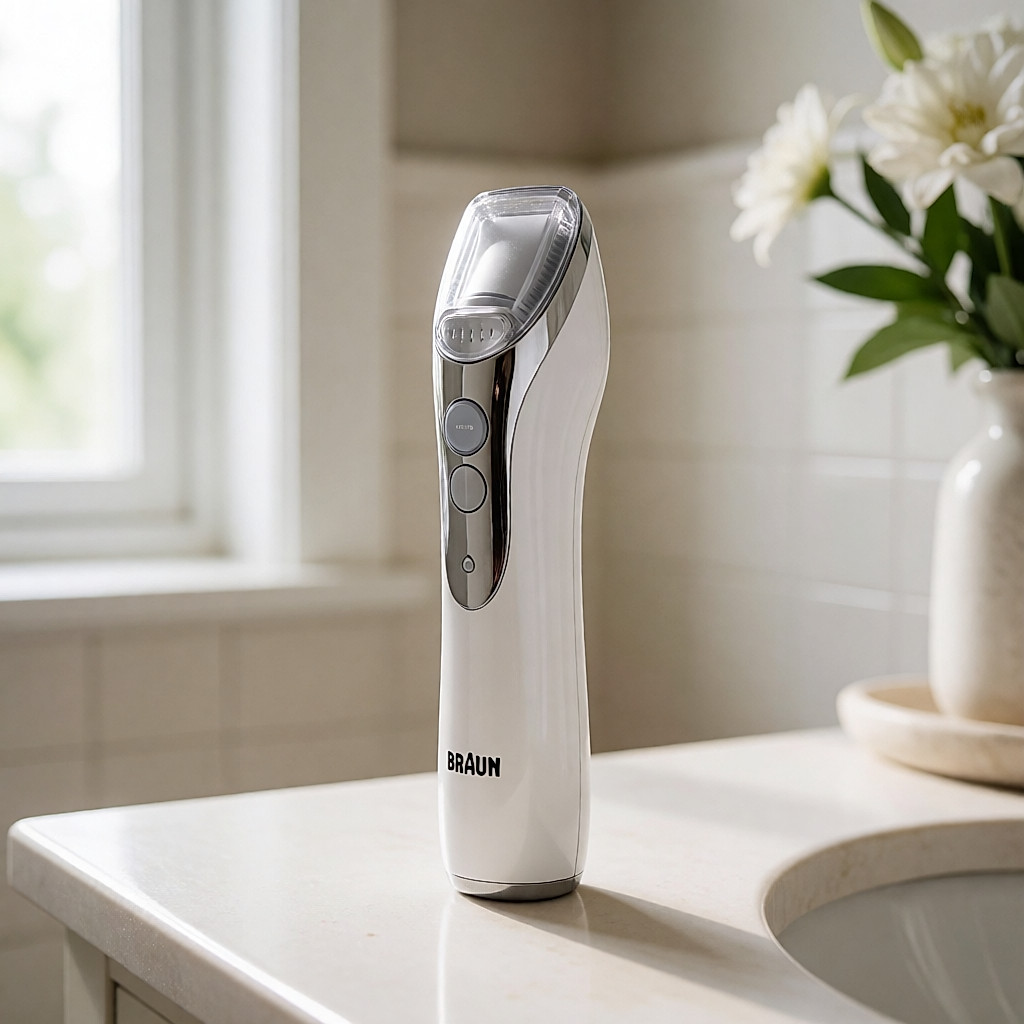 Braun Silk-Epil Xpressive epilator on a light bathroom shelf