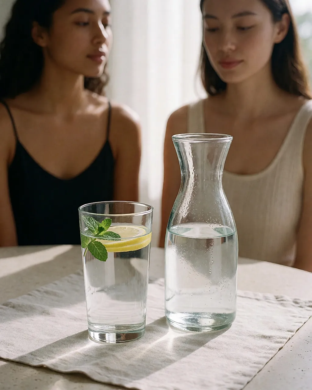 Vaso y jarra de agua fresca con menta y limón sobre un paño claro