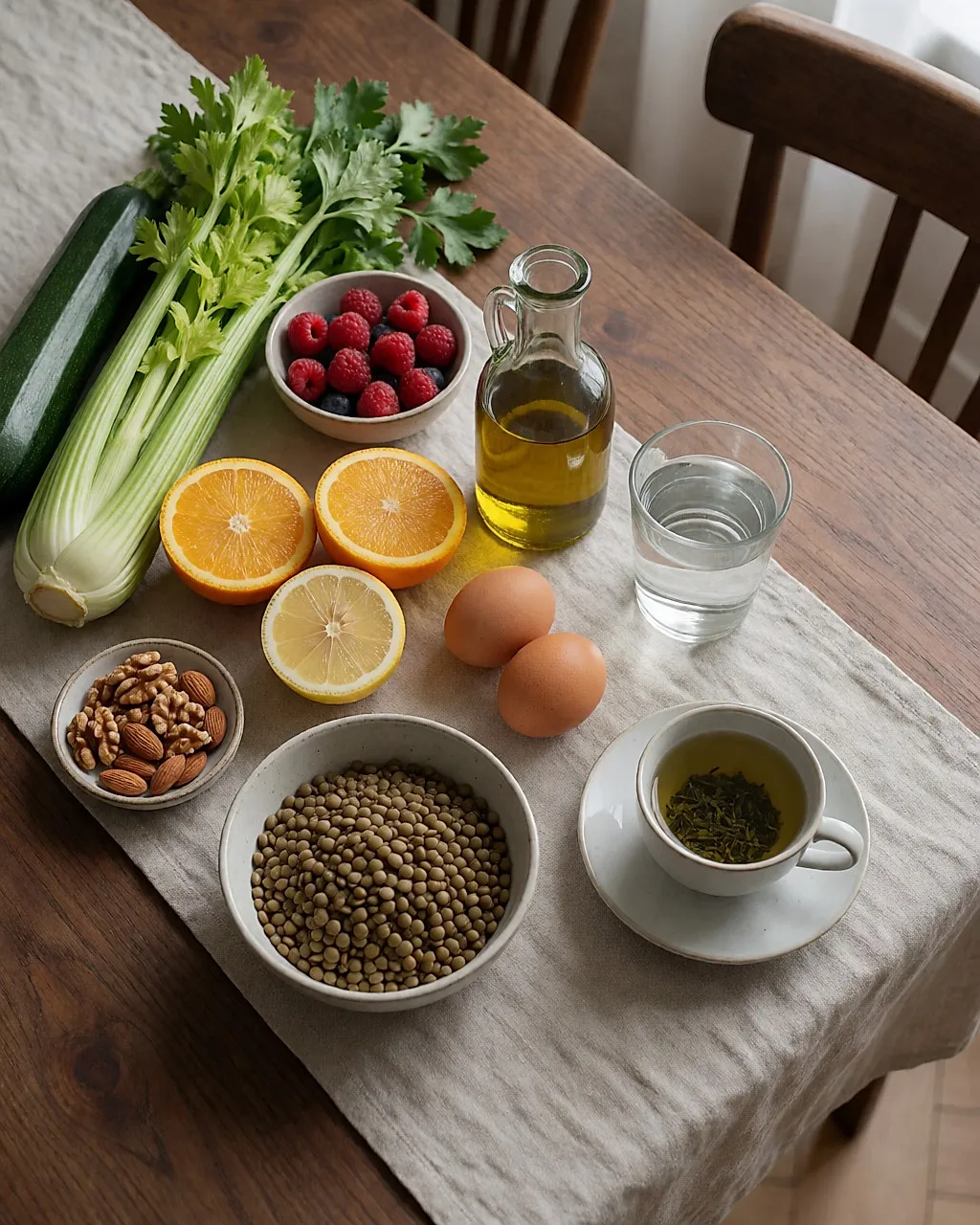 Vista cenital de alimentos variados — verduras, frutos rojos, cítricos, frutos secos, té verde, agua