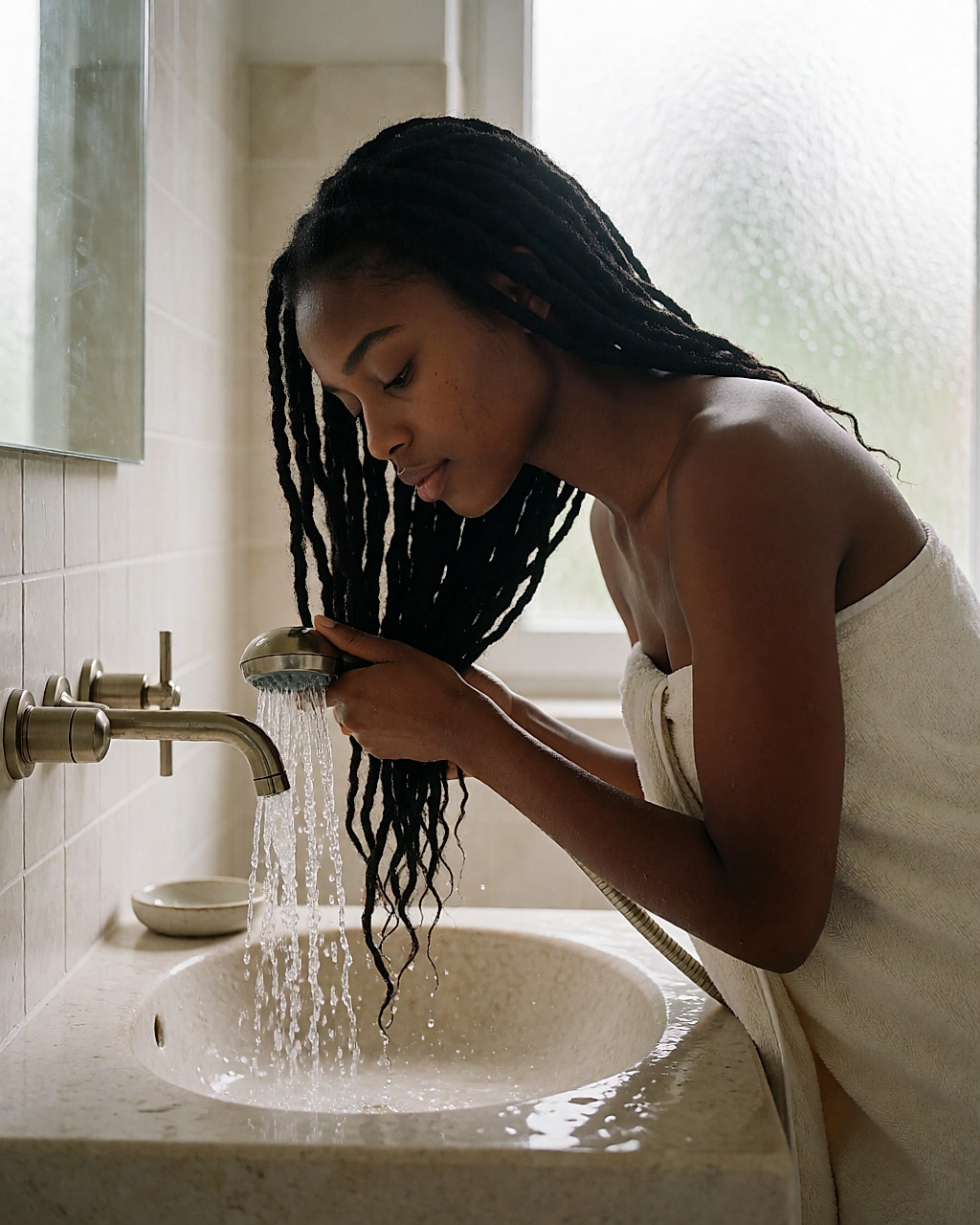 Jeune femme noire rinçant ses cheveux à grande eau au-dessus d'un lavabo, serviette sur les épaules