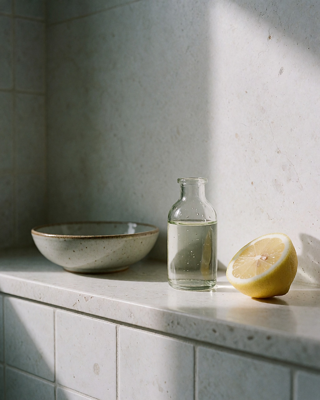 Flacon de verre de vinaigre blanc dilué et demi-citron posés sur une étagère de salle de bain en pierre claire