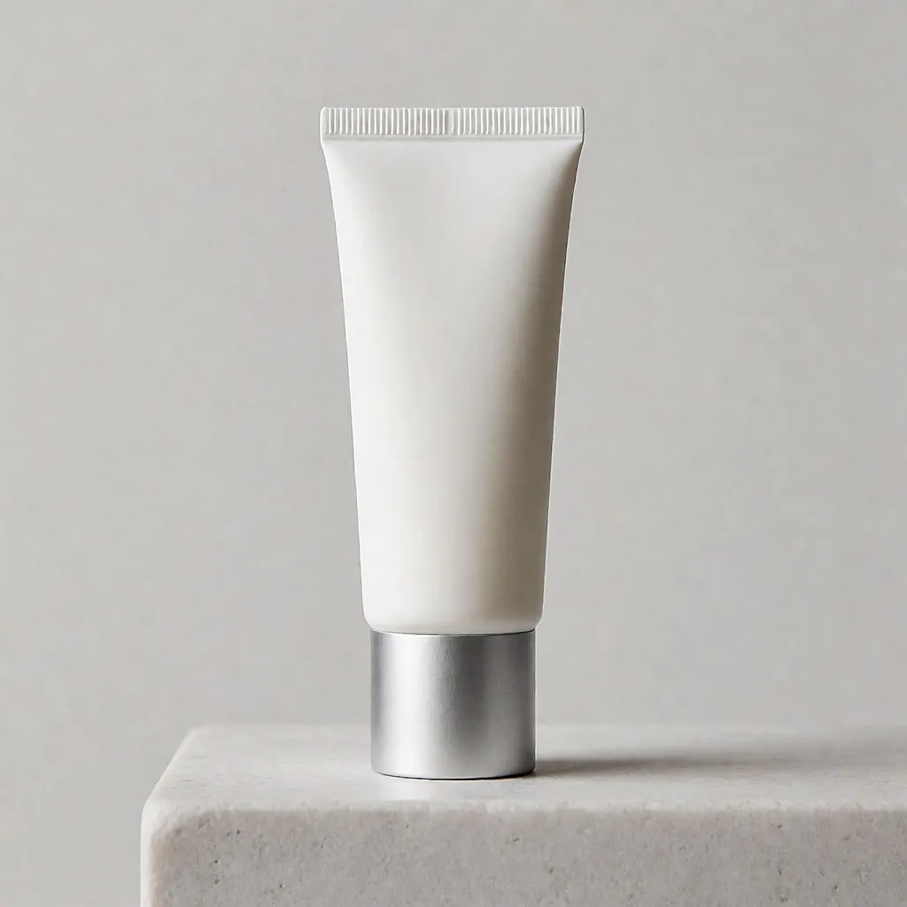 Weißes mattes Tube mit silbernem Verschluss auf grauem Steinsockel, daneben ein Klecks elfenbeinfarbener Creme