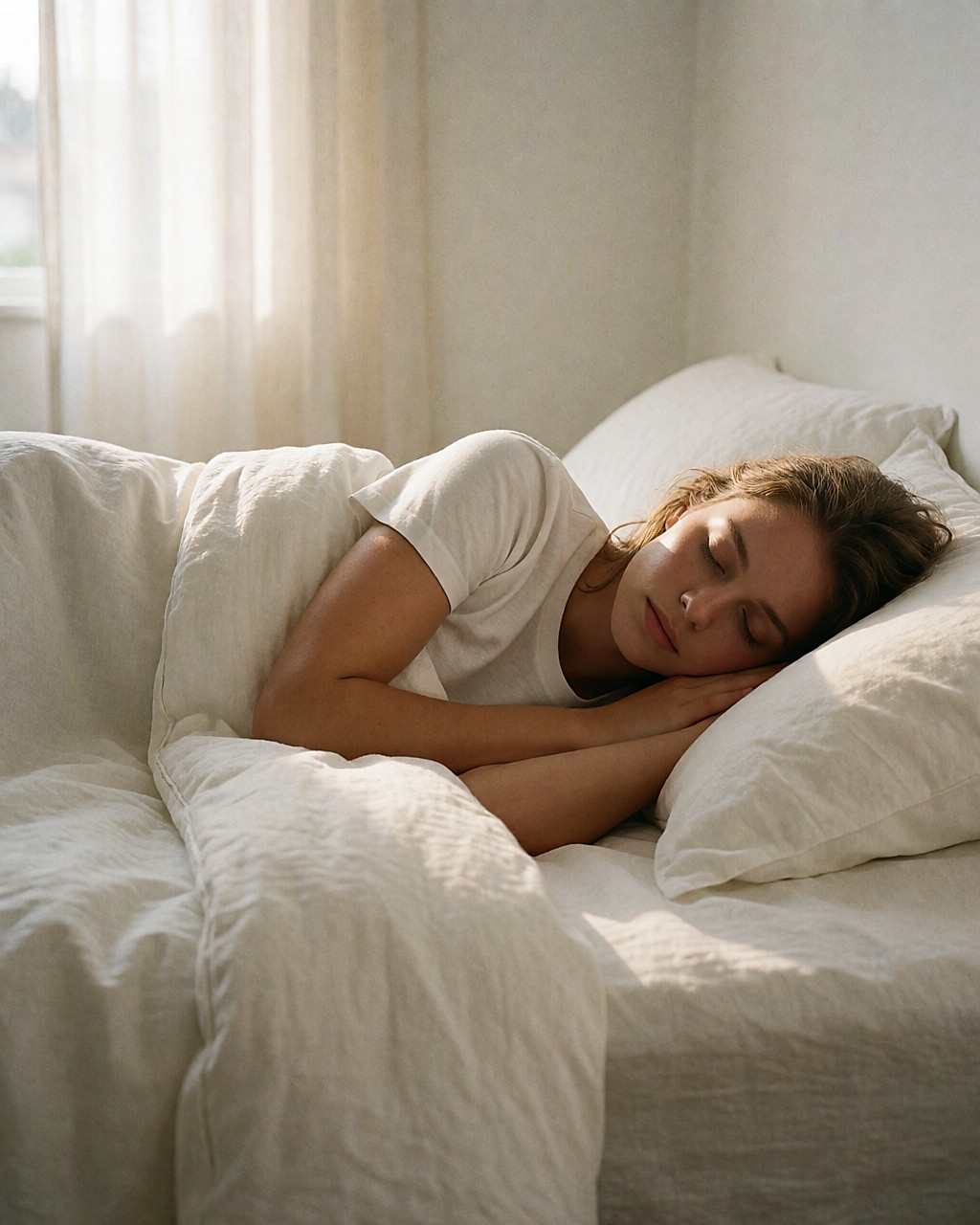 Jeune femme endormie paisiblement seule dans son lit, lumière douce de l'aube