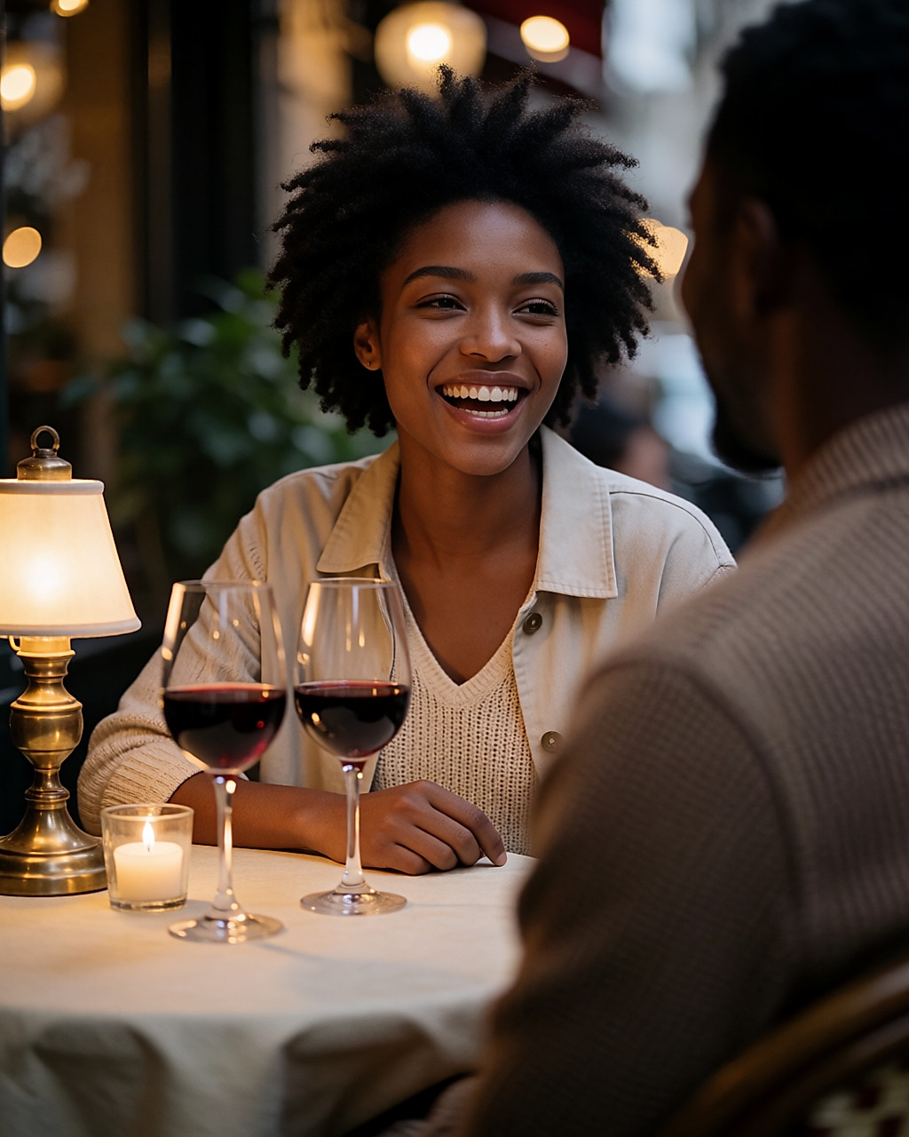 Jeune femme riant à une table de bistrot face à son compagnon, lumière chaude du soir