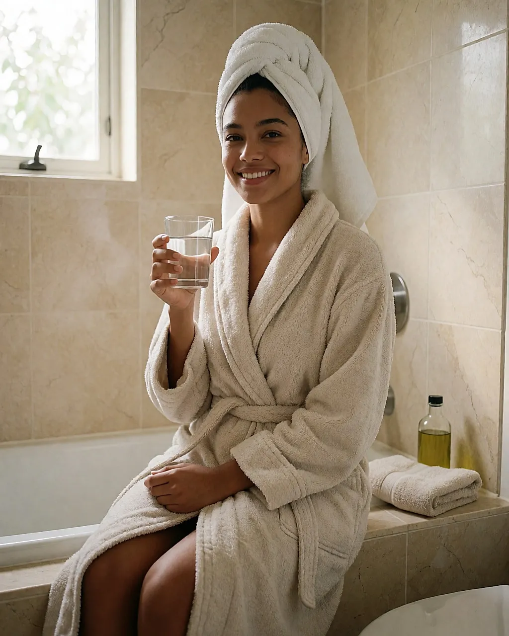 Junge Frau im Bademantel, die nach dem Hammam im Badezimmer ein Glas Wasser trinkt