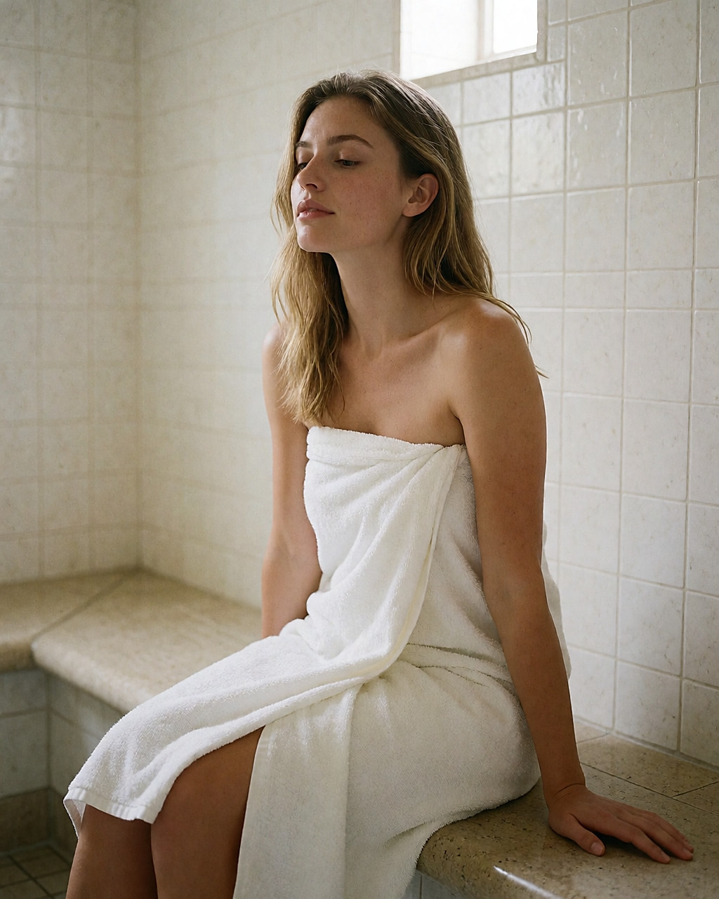 Jeune femme les yeux fermés sur le banc d'un hammam, enveloppée dans un fouta blanc