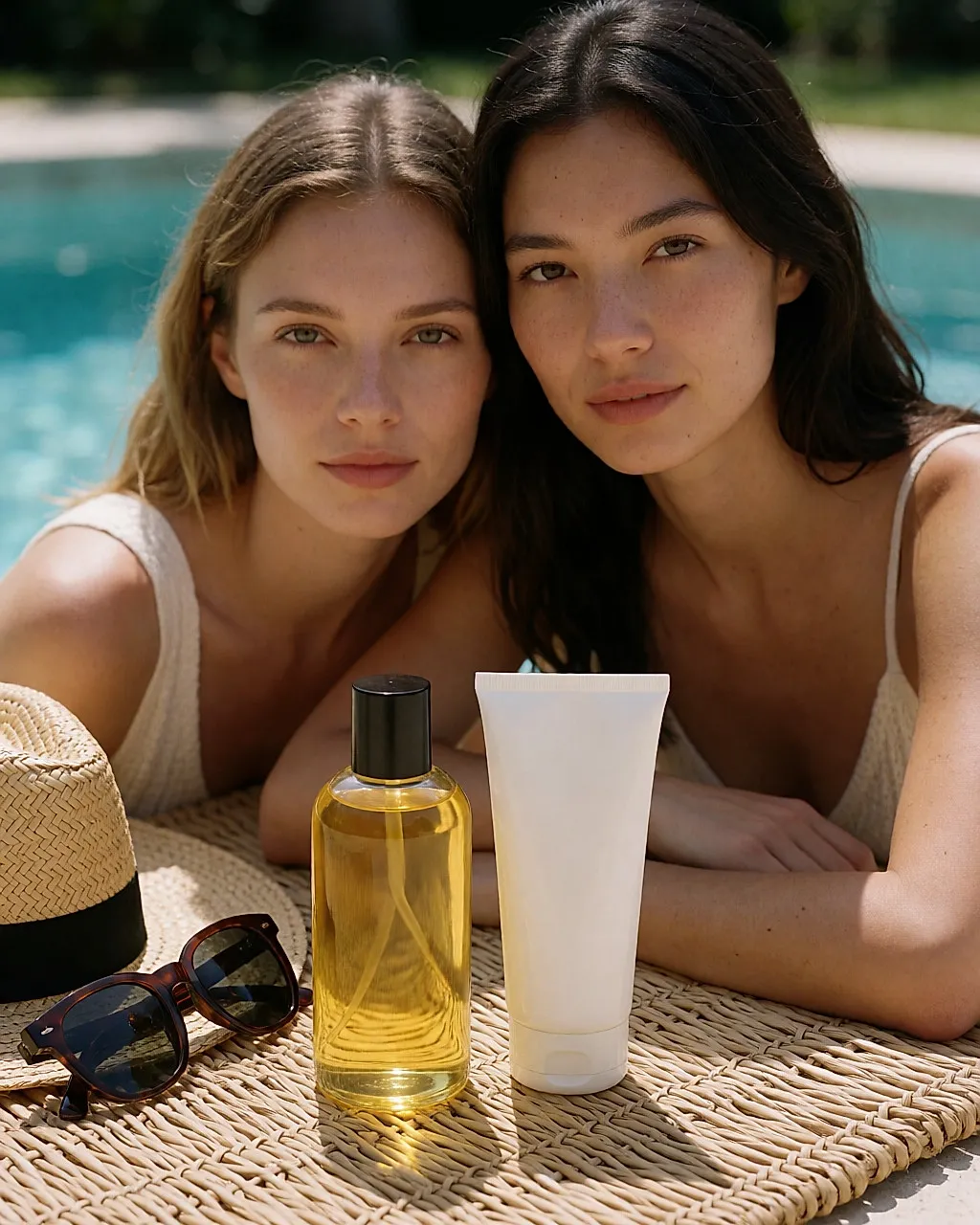 Flasche Monoï-Öl und Tube Sonnencreme nebeneinander