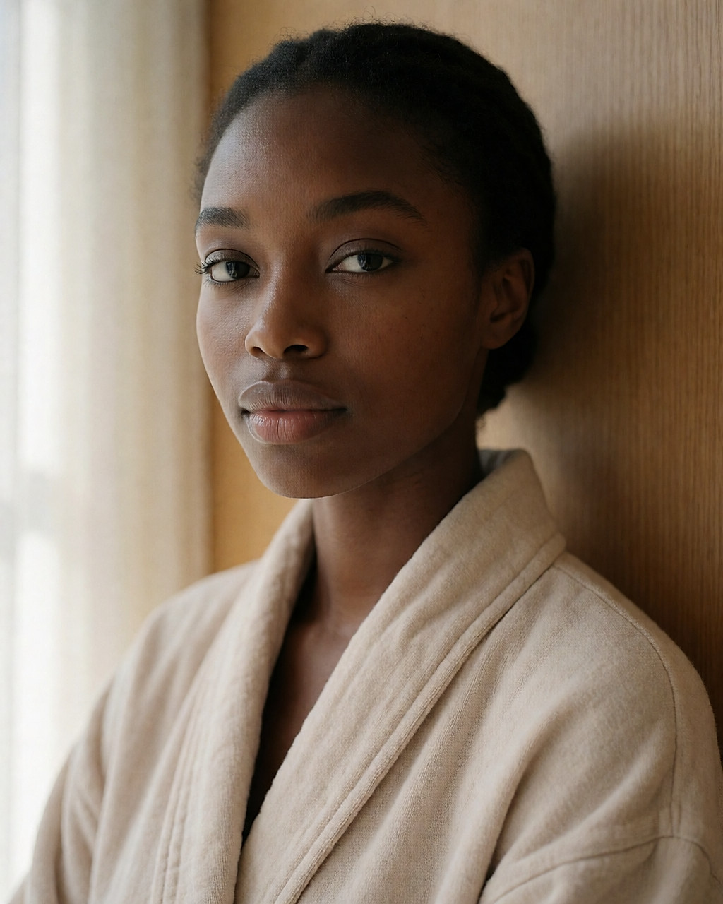 Portrait d'une jeune femme à la peau fraîche et lumineuse après une séance de sauna