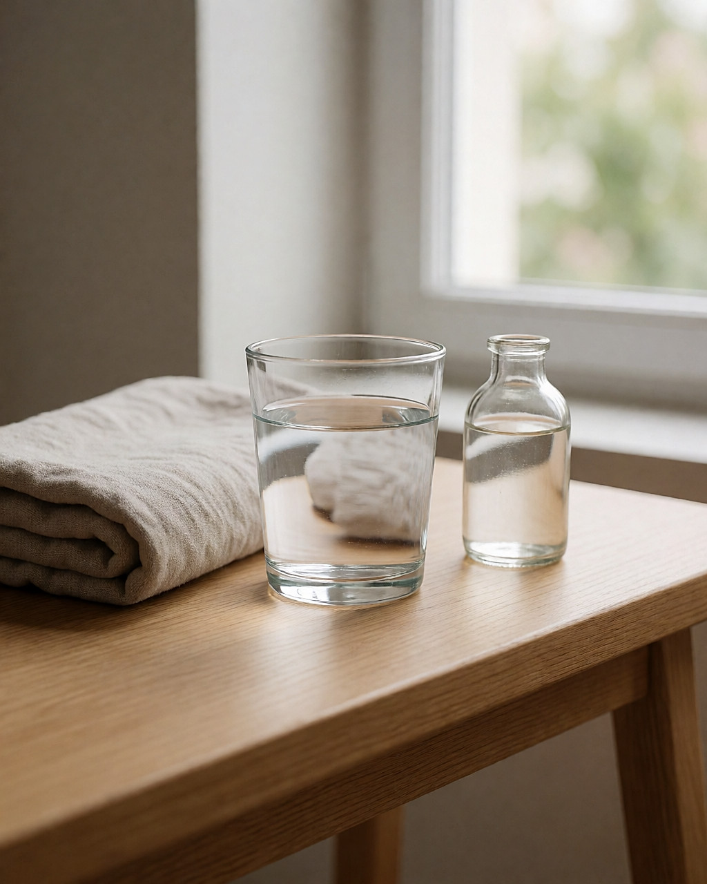 Verre d'eau et serviette en lin posés sur un banc de bois clair