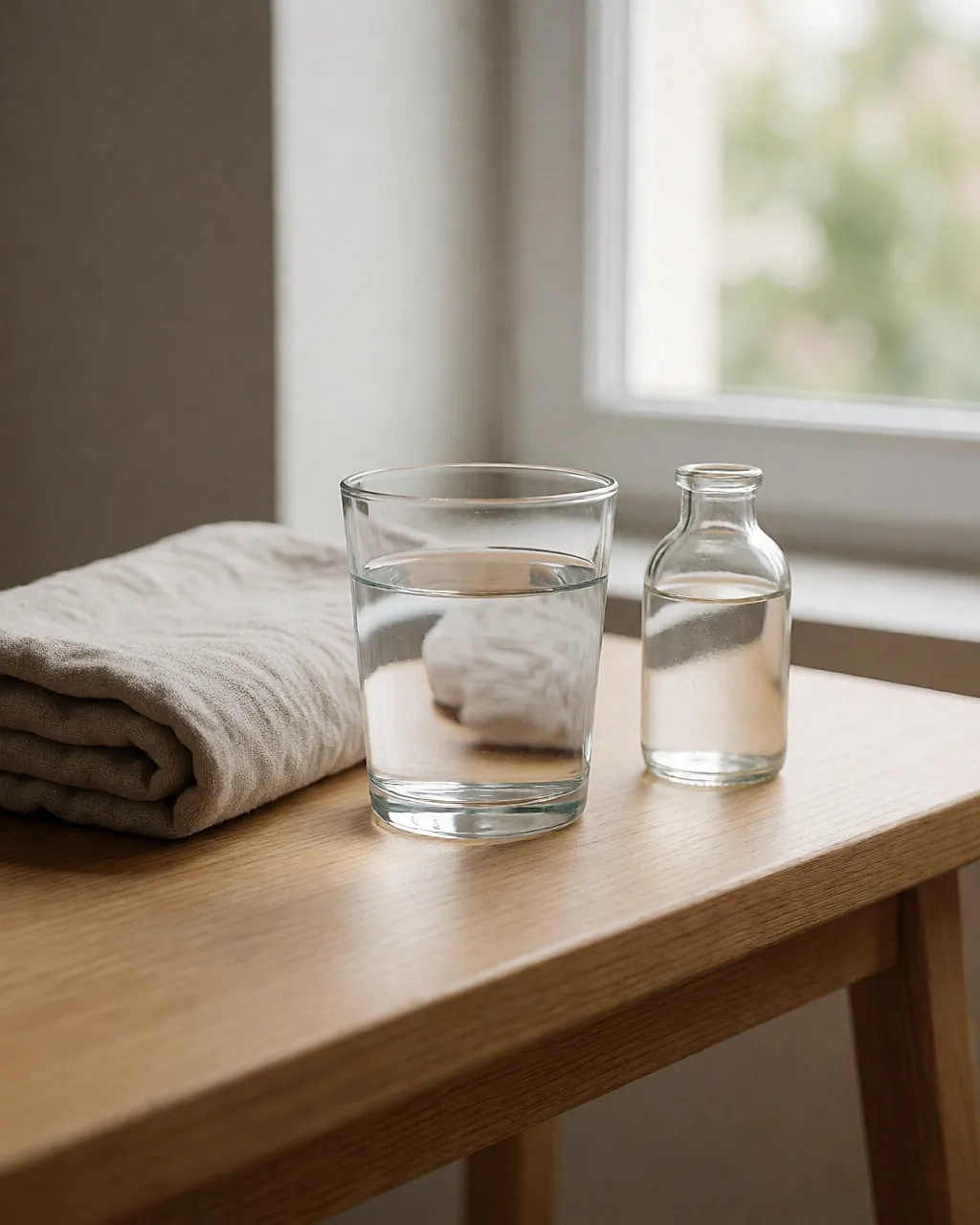 Vaso de agua y toalla de lino sobre un banco de madera clara