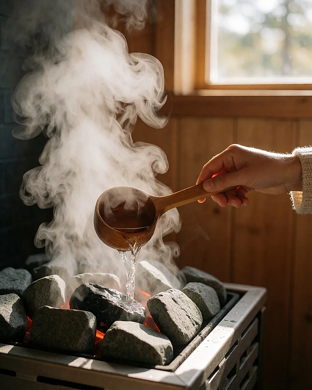 Una mano vierte el agua de un cazo de madera sobre las piedras ardientes de la estufa del sauna