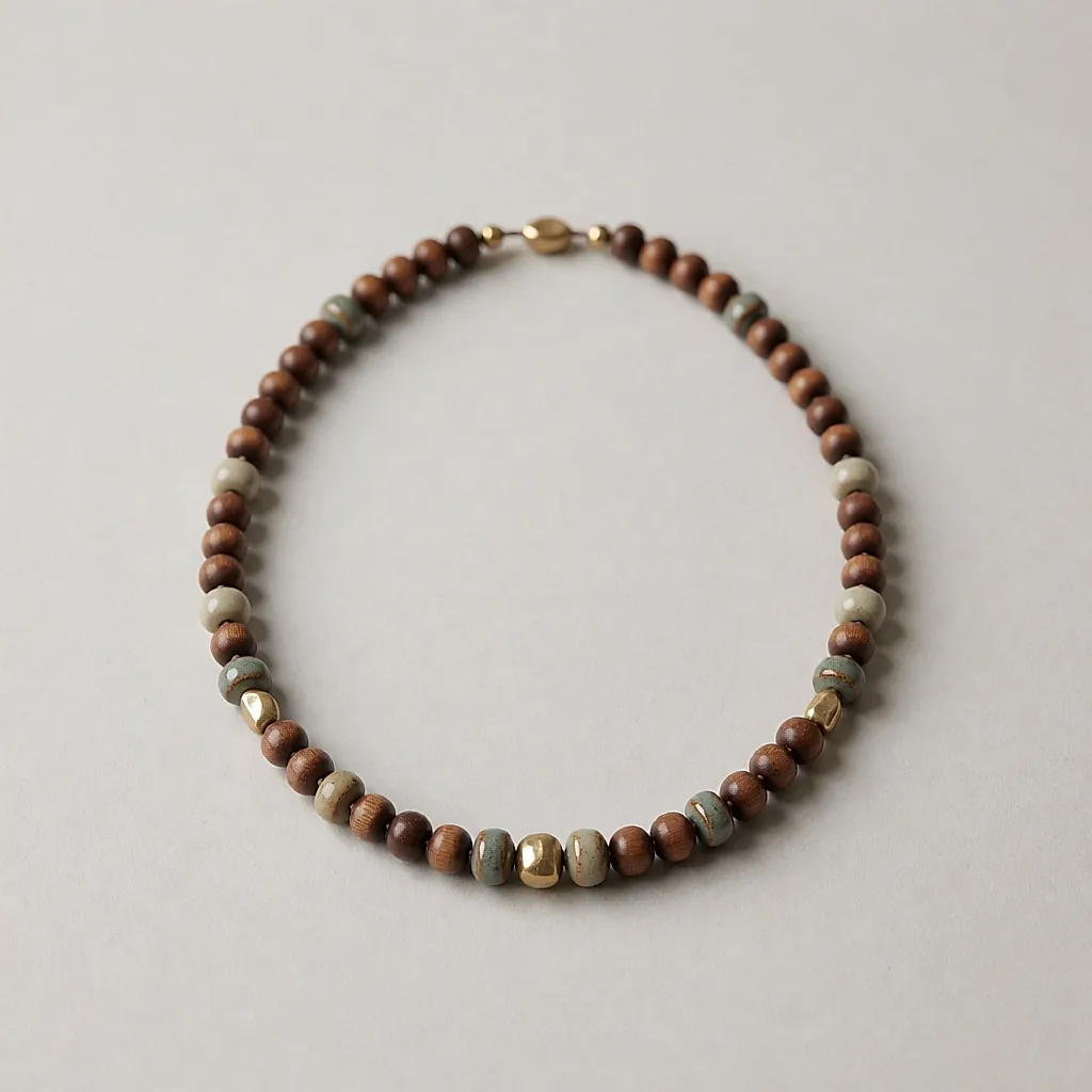 Collier aus Holz-, Keramik- und gehämmerten Messingperlen