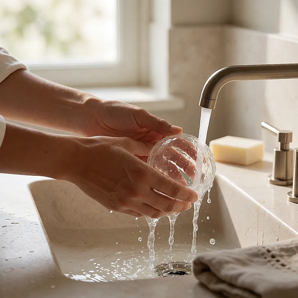 Des mains lavent la bille de verre à l'eau tiède avec un savon doux