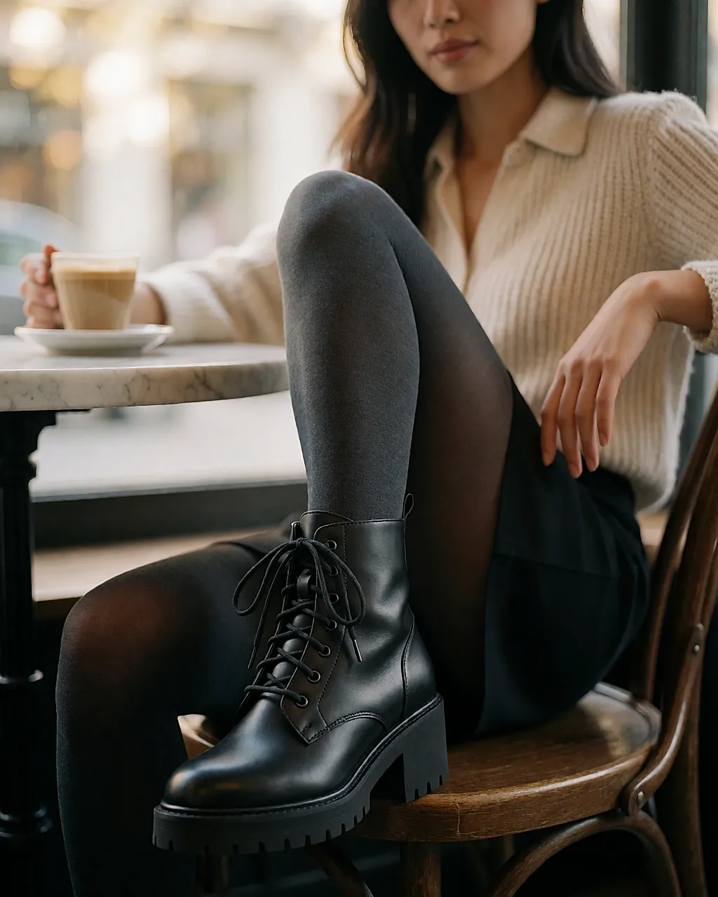 Bottines compensées en cuir noir portées dans un café, jambes croisées sur une chaise