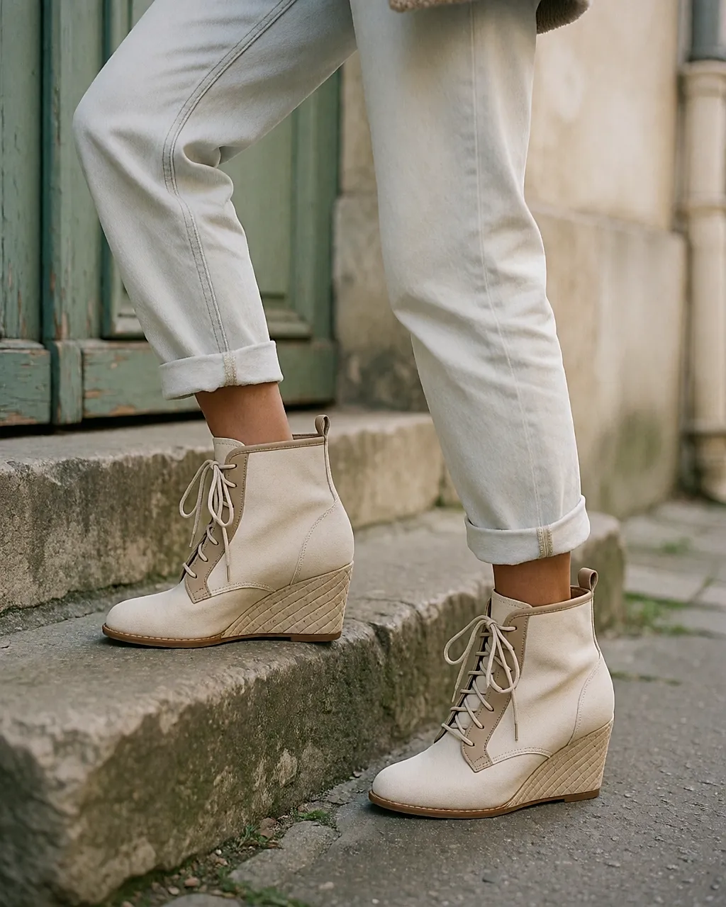 Bottines compensées en toile écru à fin liseré de cuir, portées dans une cour