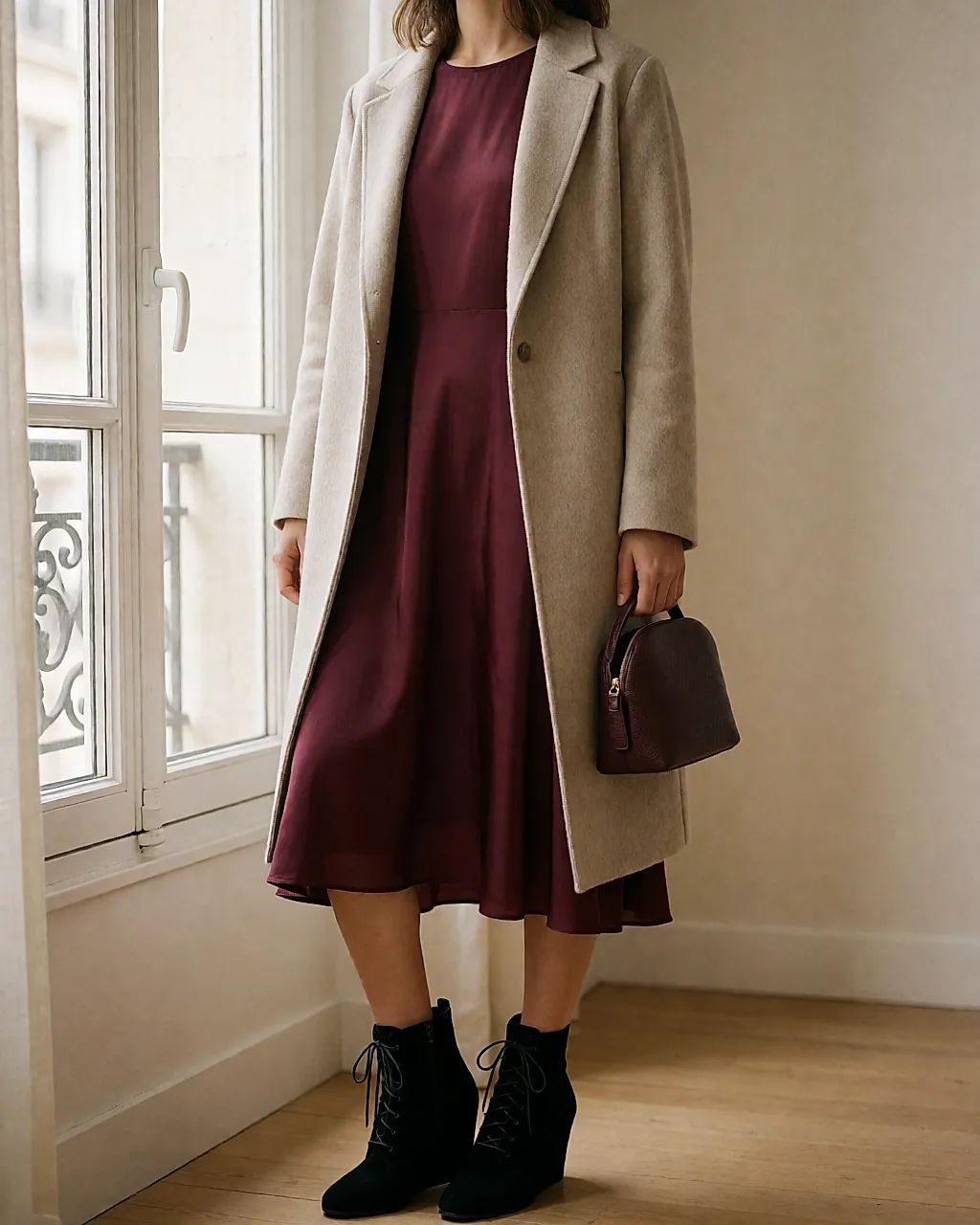 Robe mi-longue fluide et bottines compensées noires portées dans un intérieur clair