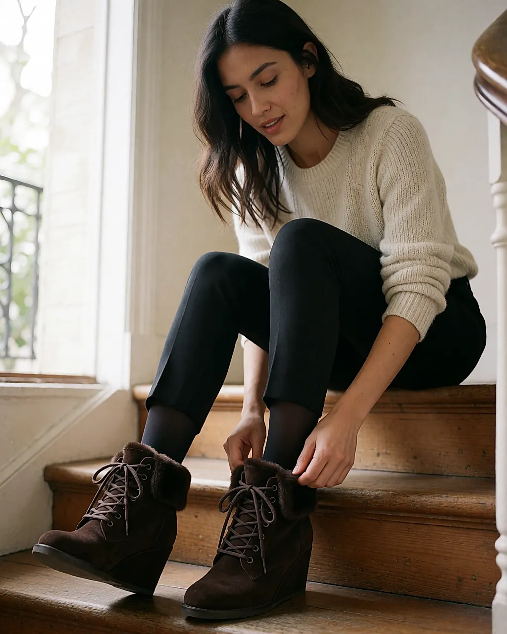 Bottines compensées à rabats de fourrure, enfilées sur des marches en bois