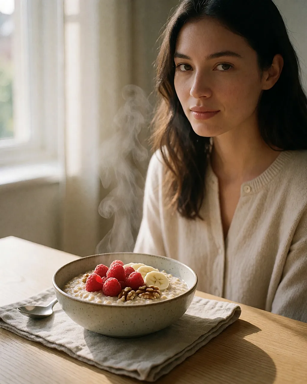 Bol de flocons d'avoine chauds garnis de fruits rouges et de noix