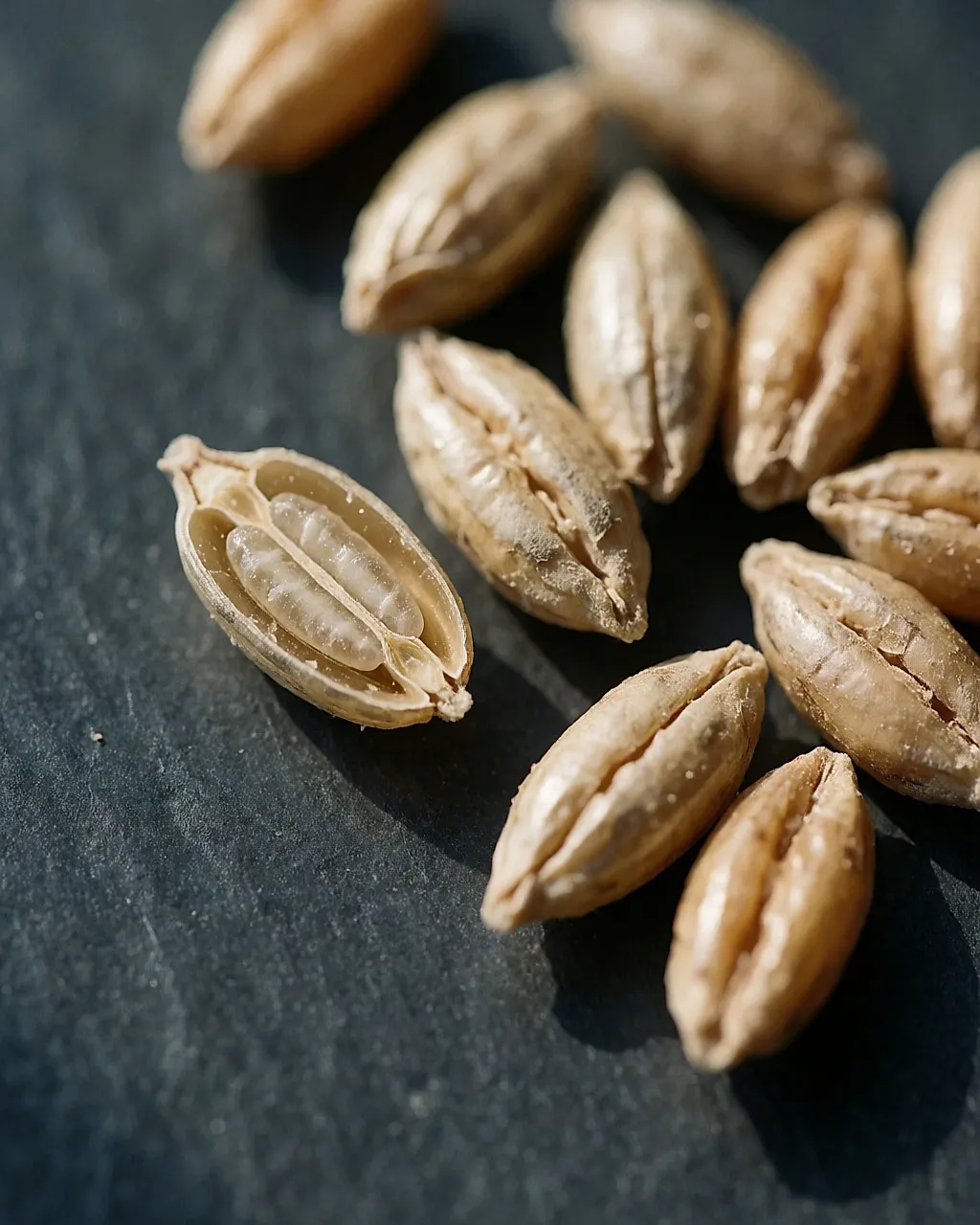 Grain de blé coupé en deux laissant voir le son, l'amande et le germe