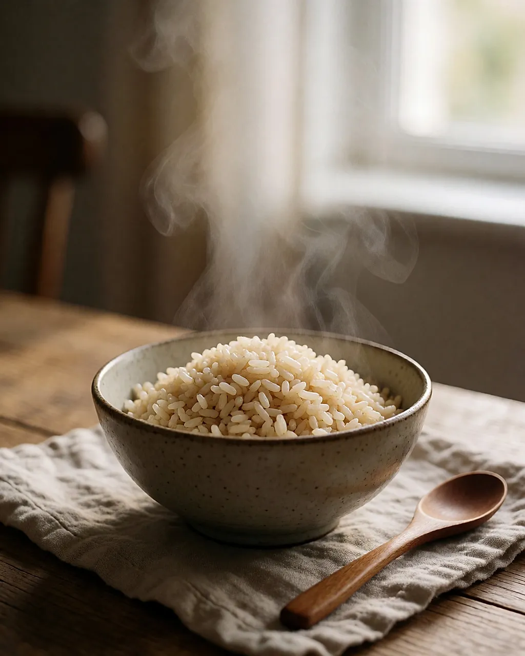 Bol de riz complet cuit, vapeur légère, grains entiers encore couverts de leur son