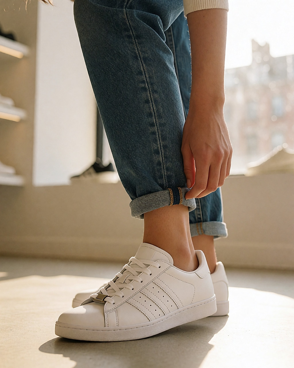 Plan rapproché sur des baskets basses en cuir blanc portées avec un jean brut retroussé