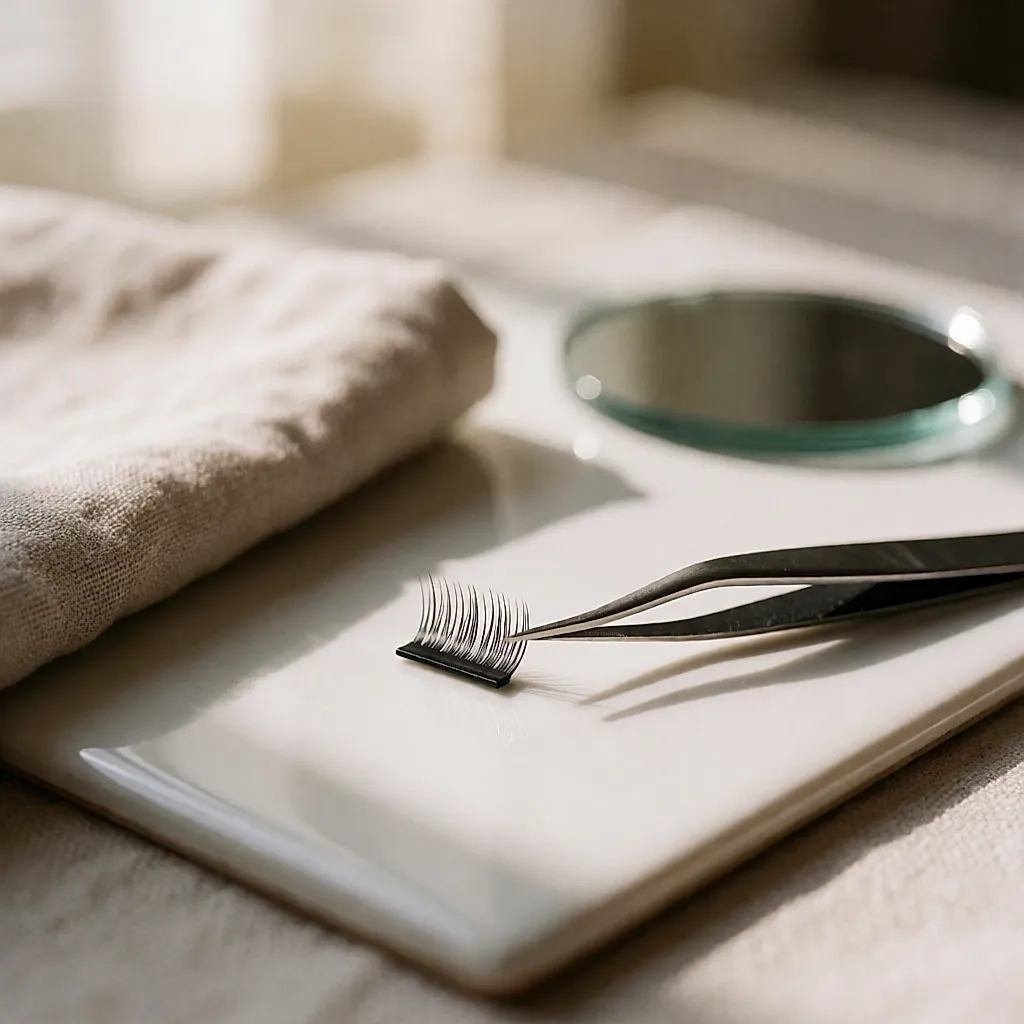 单簇睫毛根部蘸取一小滴胶水，放在干净的小板上