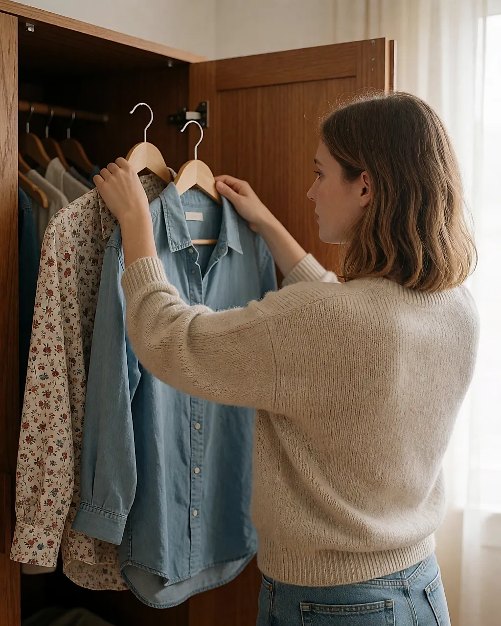 Uma jovem hesita entre duas camisas em cabides diante do roupeiro aberto