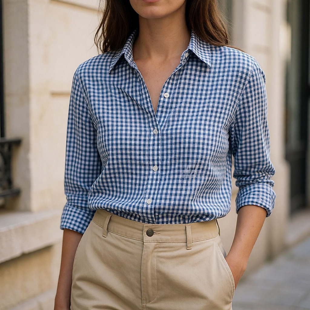 Uma camisa vichy azul e branca, usada fechada, com um chino bege