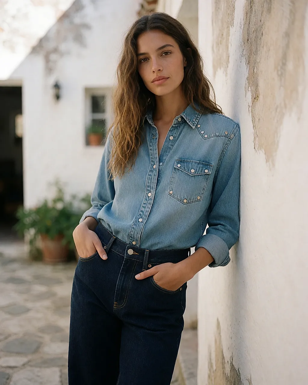 Um total look de ganga: camisa clara sobre ganga crua escura