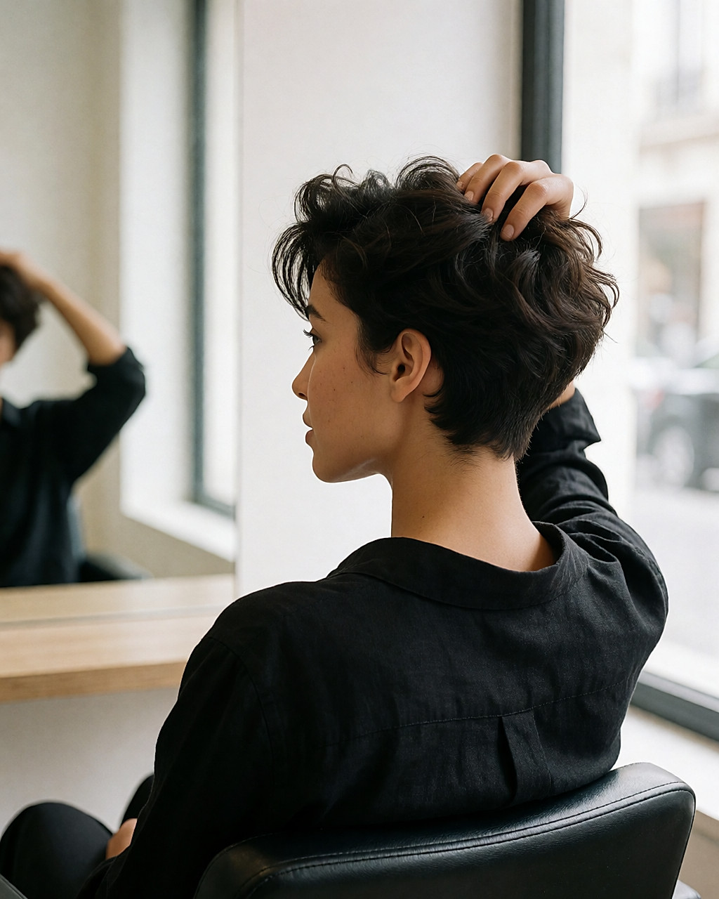 Jeune femme noire vue de trois-quarts dos, carré texturé coiffé-décoiffé, brosse ronde à la main