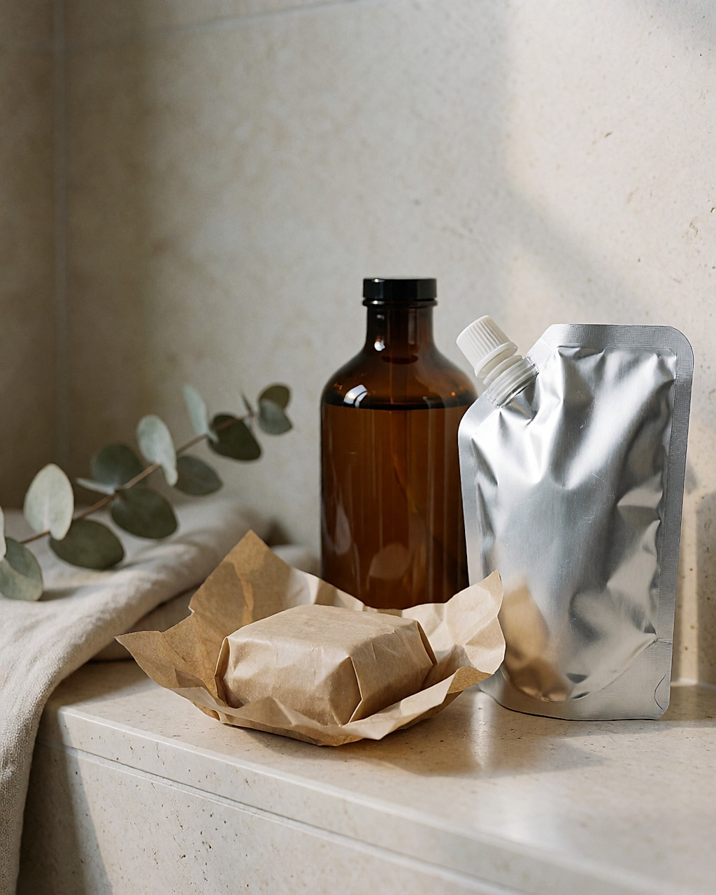 Shampoing solide sur papier kraft, flacon en verre rechargeable et recharge posés sur une étagère