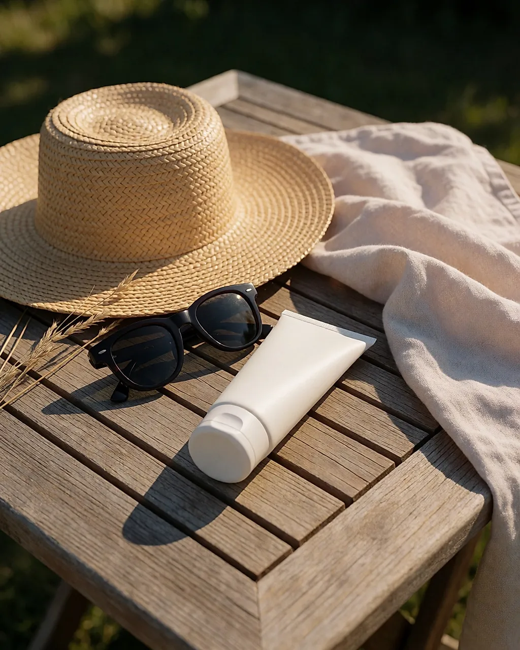 Sombrero de paja, tubo de crema solar sin abrir y gafas de sol sobre una mesa de teca