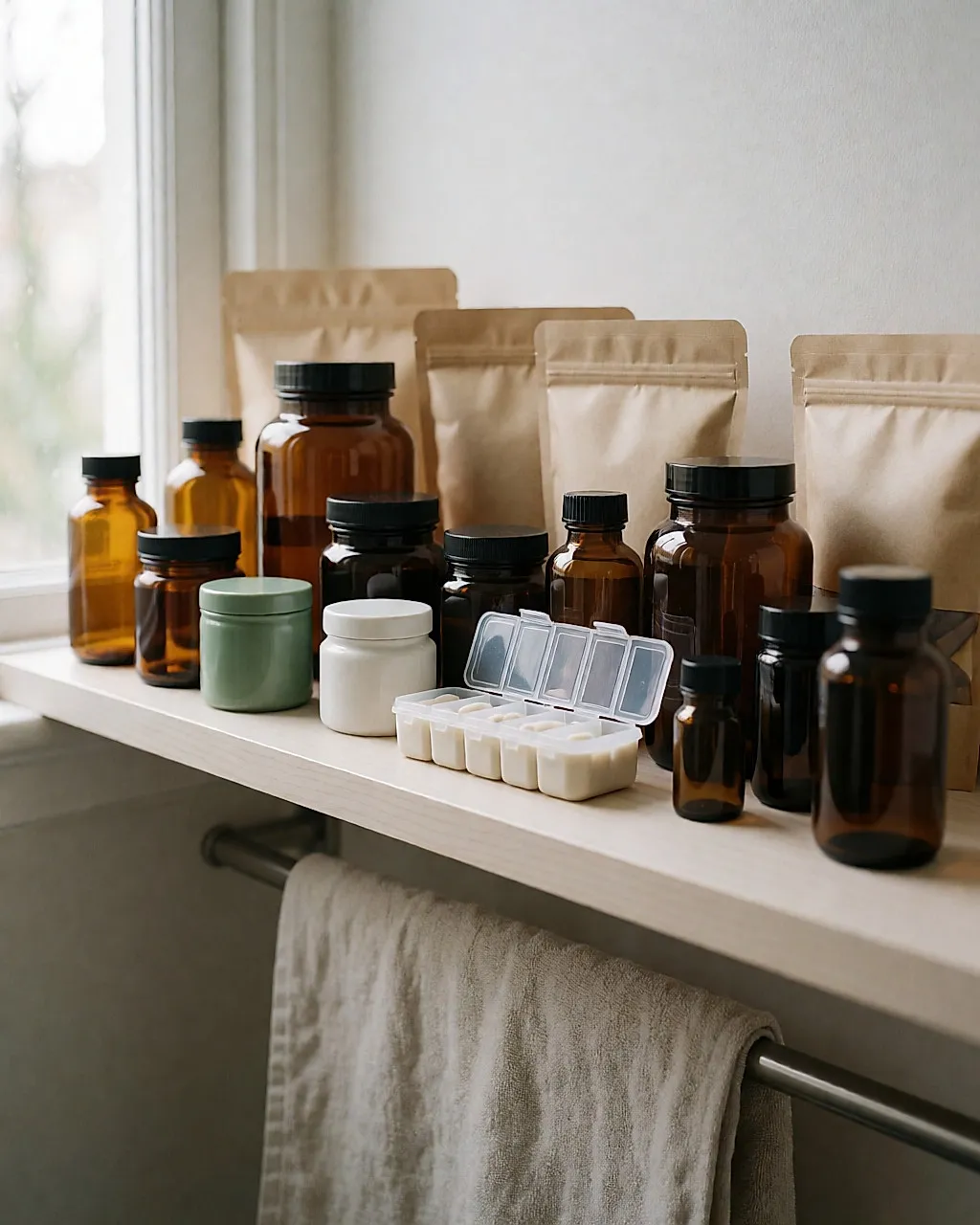 Estante de baño cargado de botes y sobres de complementos, con un pastillero abierto