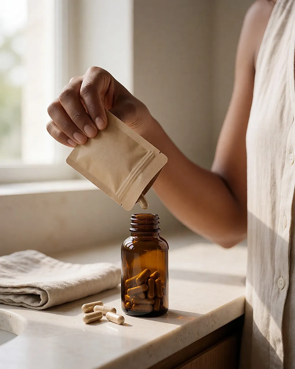 Mano vertiendo cápsulas de una bolsa de papel kraft a un bote de vidrio ámbar sobre un mostrador