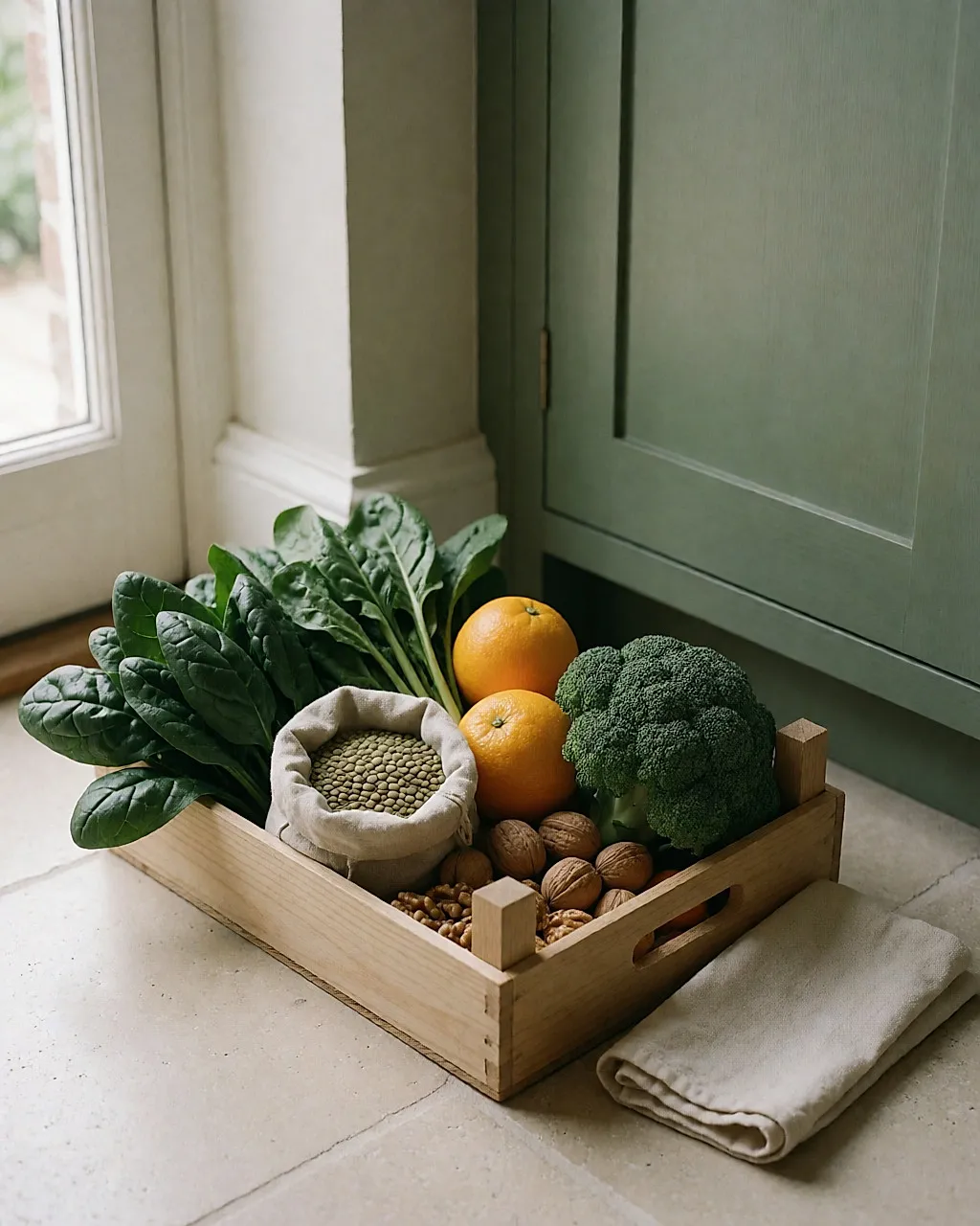 Cesta de verduras frescas y legumbres en una cocina, con luz natural