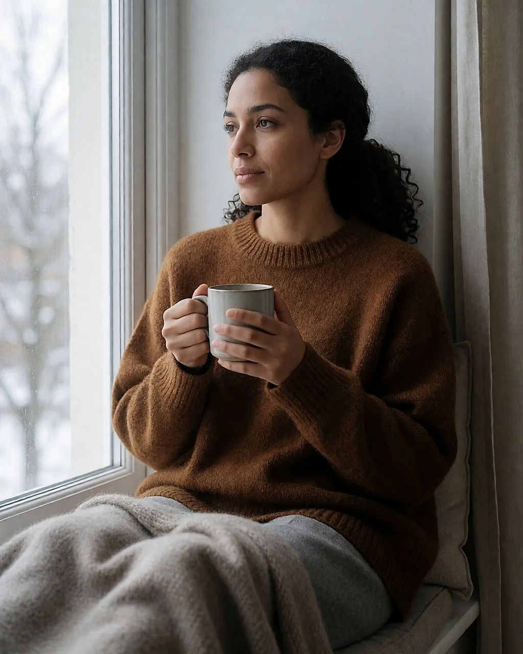 Mujer con jersey de lana sentada junto a una ventana grande en invierno, con una taza caliente entre las manos
