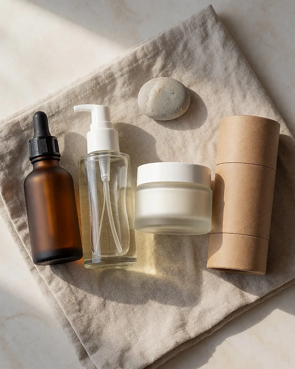 Quatre contenants de cosmétique bio vierges — flacons de verre, pot et étui kraft — alignés à plat sur du lin naturel