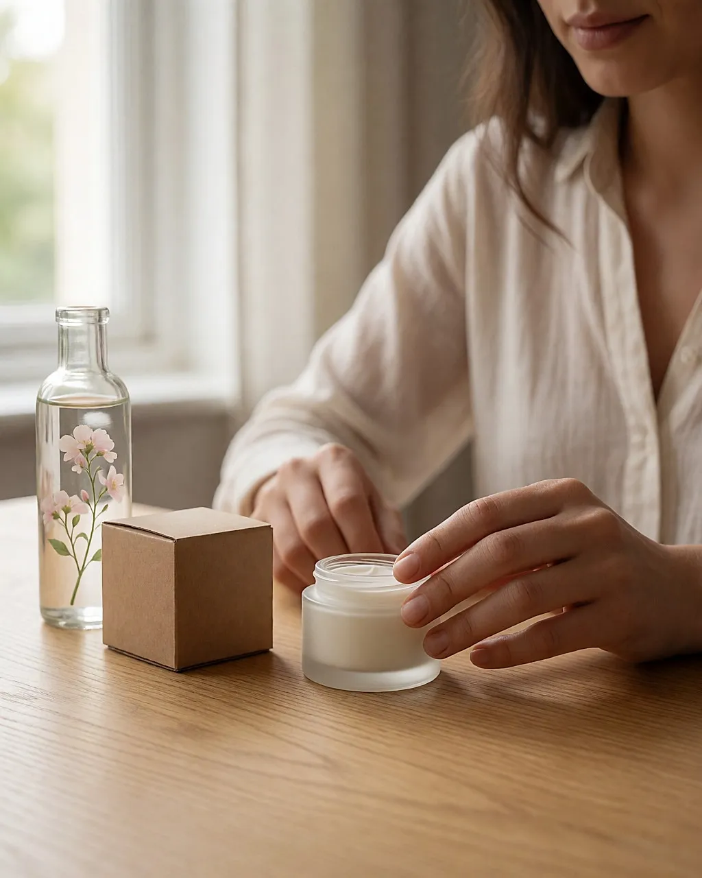 Des doigts retournent un petit pot de crème en verre dépoli pour lire son étiquette vierge, sur une table en chêne