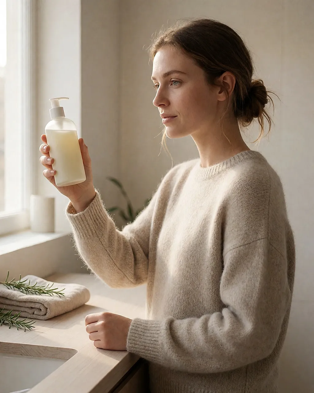 Young woman reading the INCI list on the back of a glass bottle in a bright bathroom