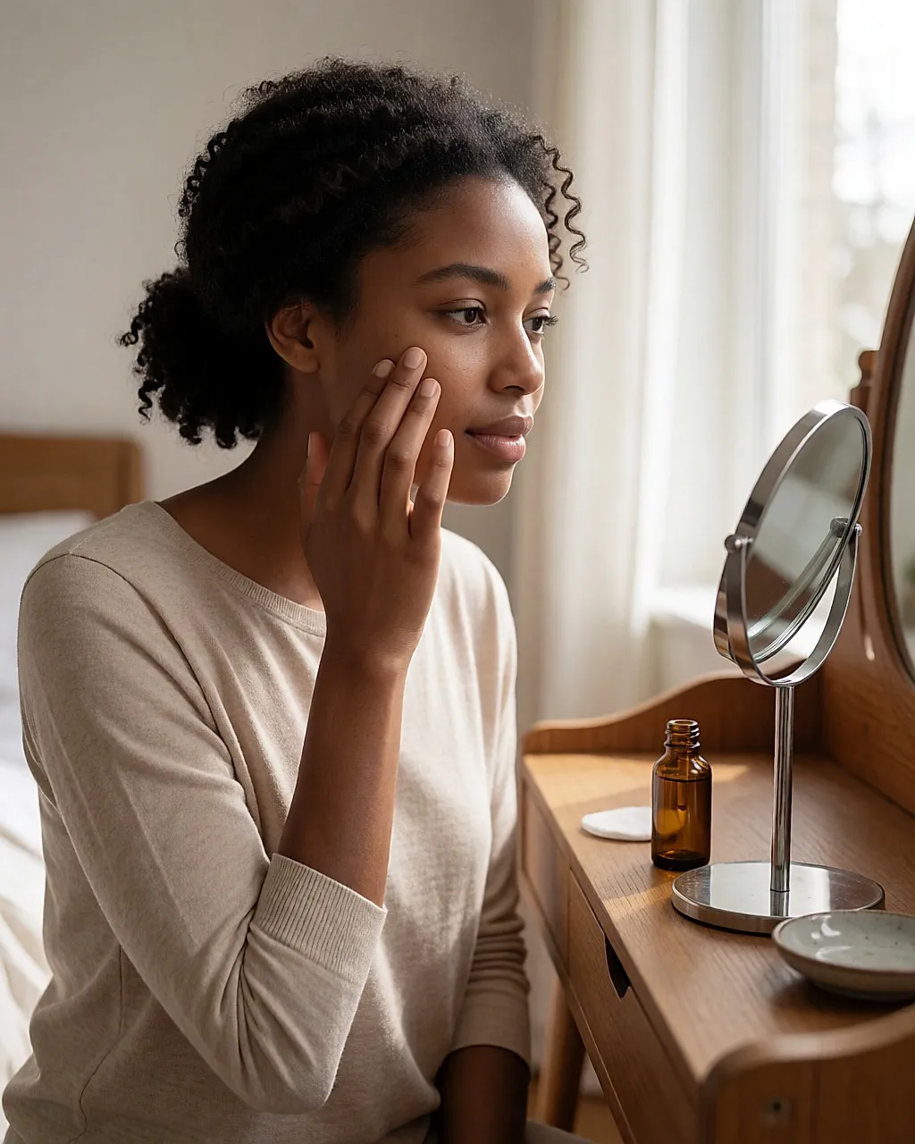 Young woman applying a golden plant oil to her cheek in front of a wooden dressing table