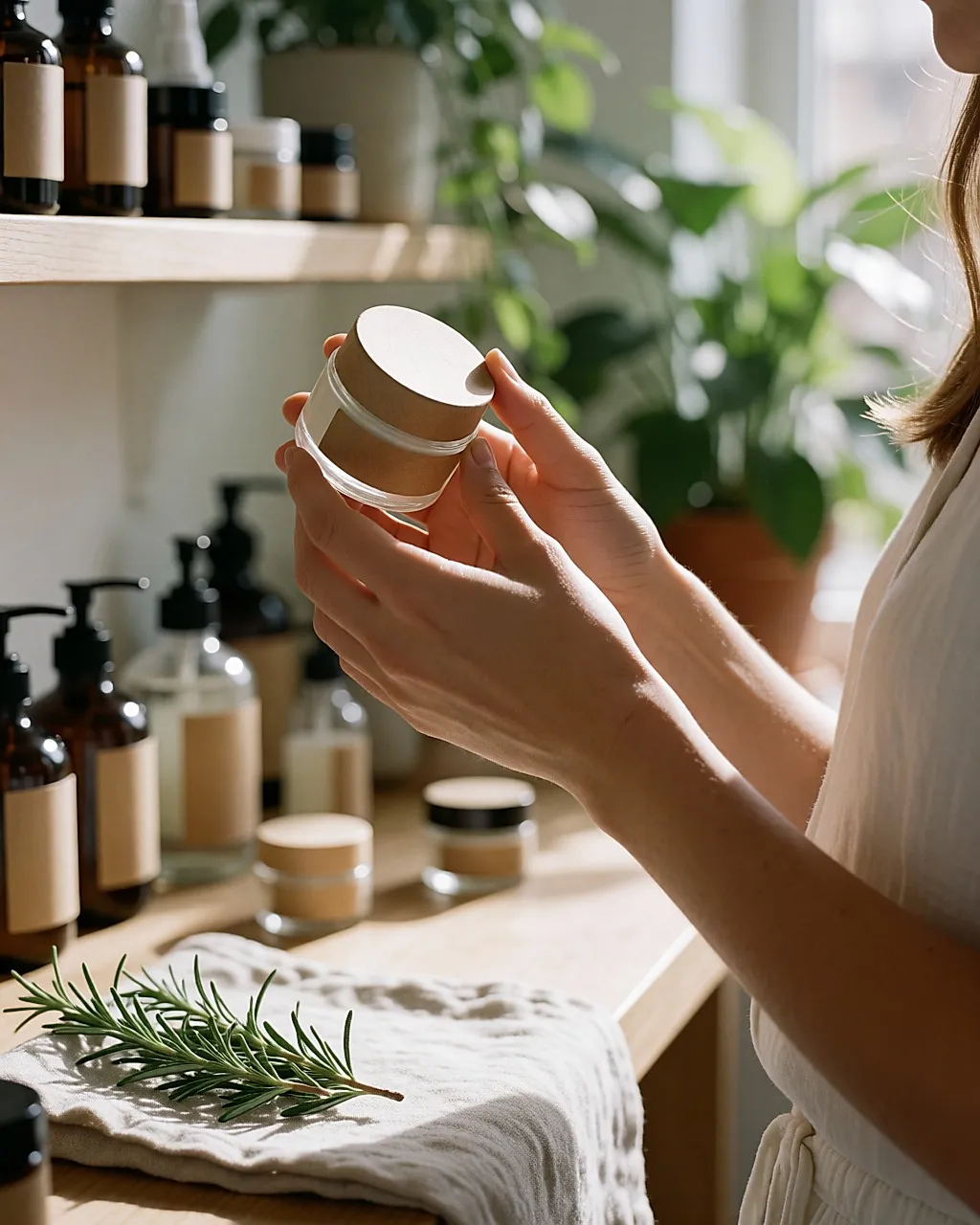 Hands holding a jar of organic cream in glass, blank kraft seal on lid, in a shop