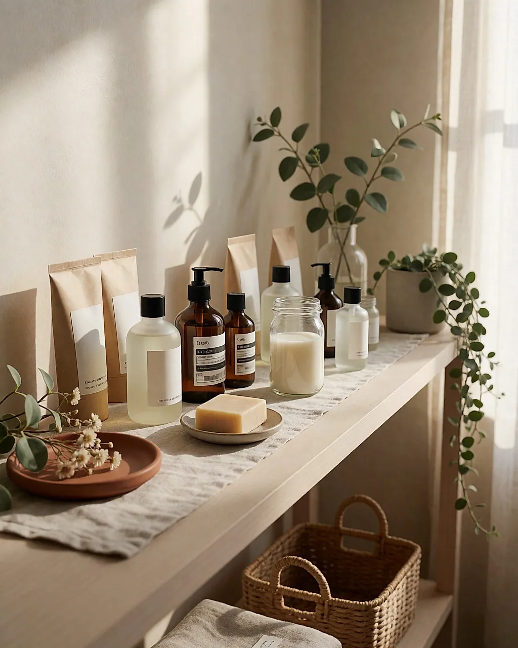Wooden shelf displaying unbranded organic cosmetics in glass and kraft